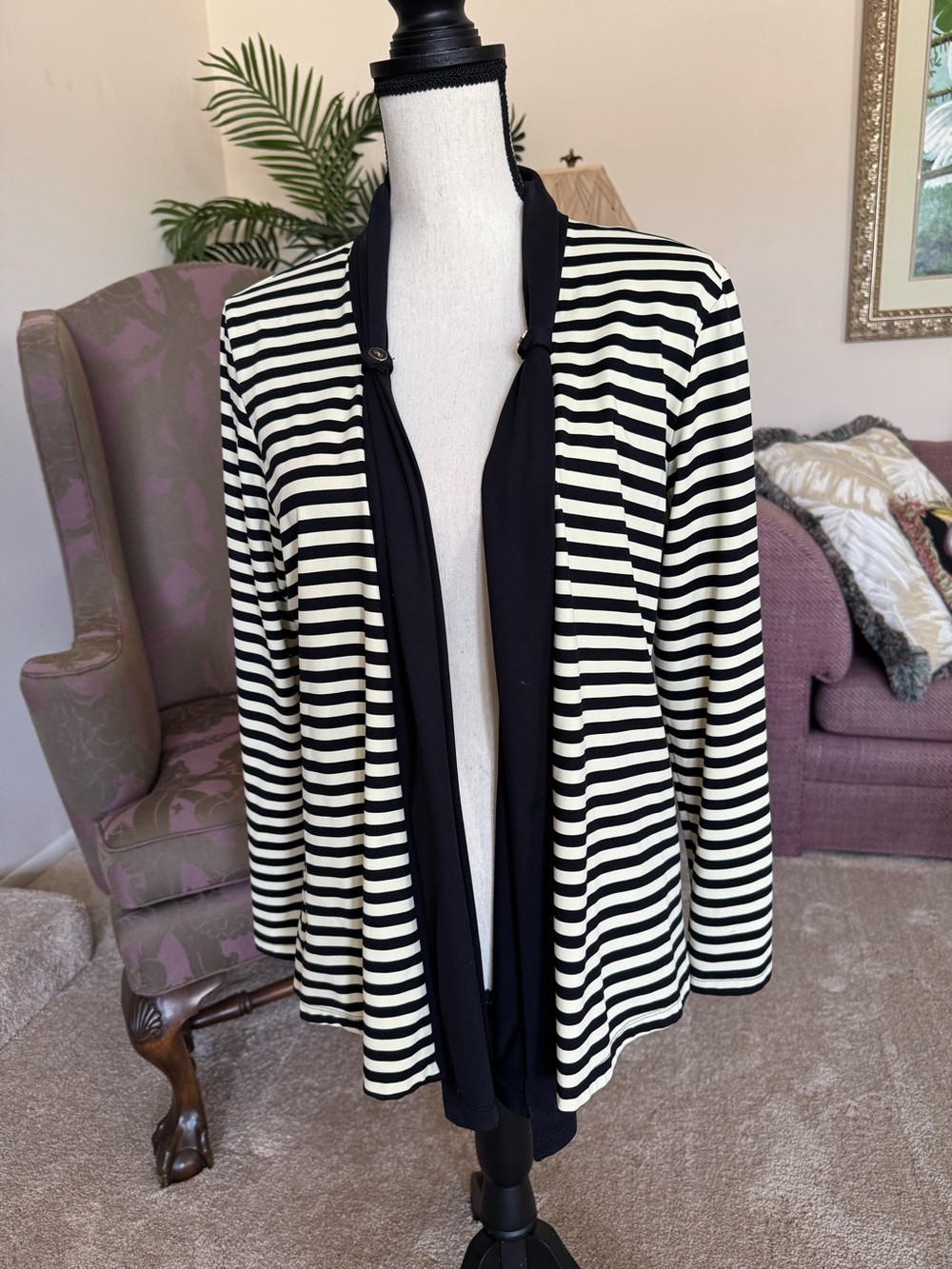 J. McLaughlin Black and Cream Striped Open Front Cardigan